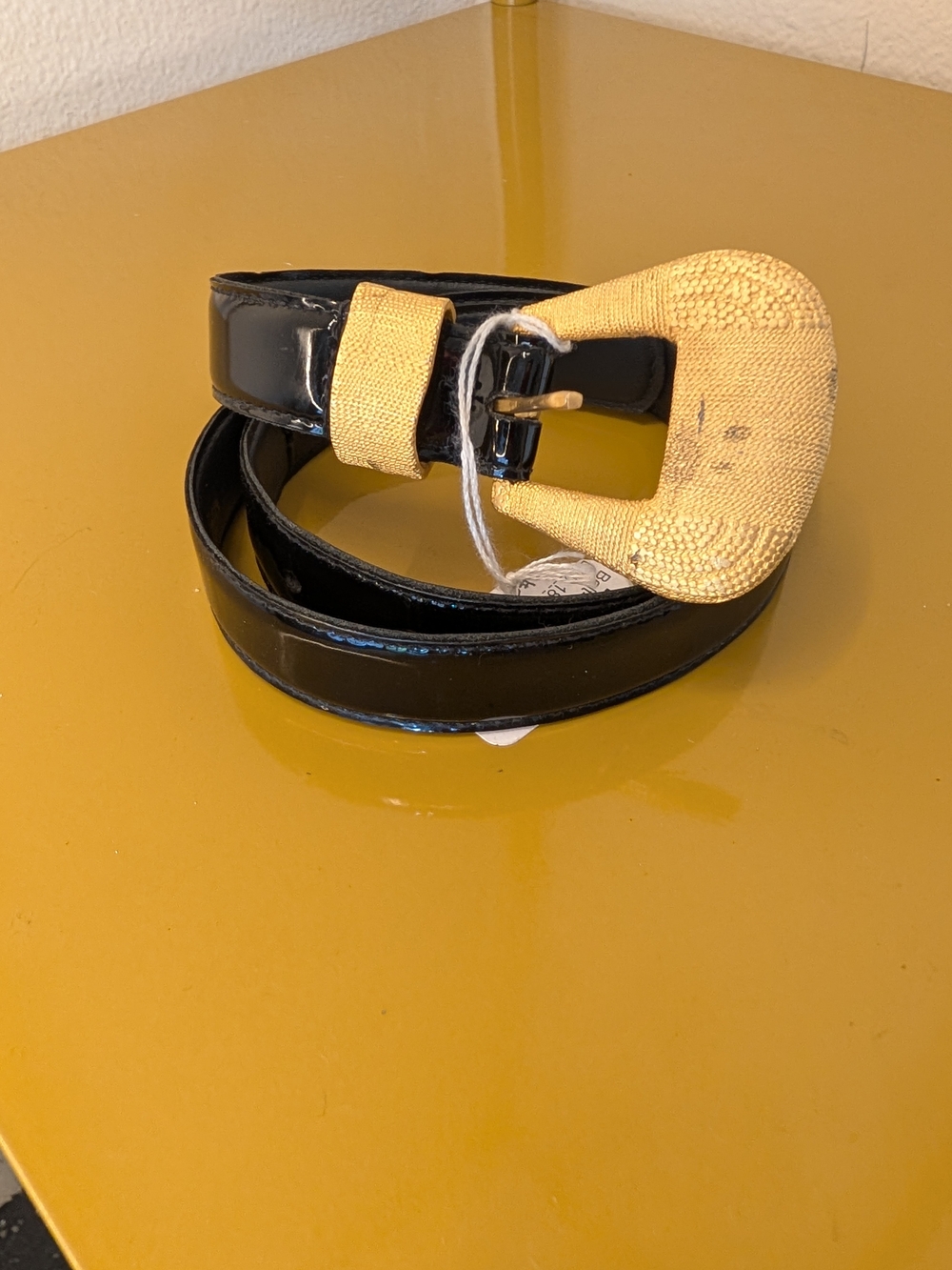 80s Black Patent Leather Belt with Yellow Woven Buckle – Women’s Accessory